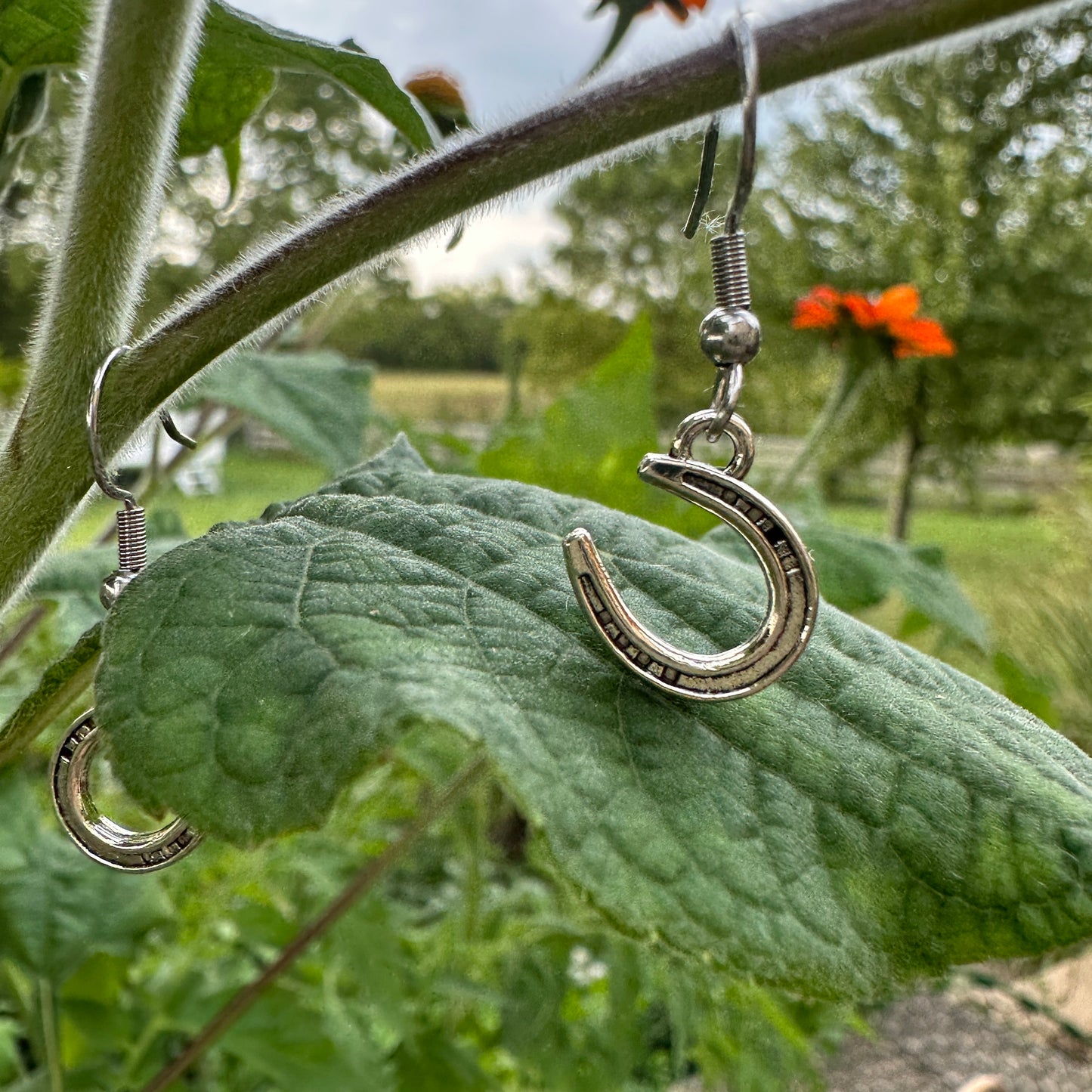 Silver Horseshoe Dangle Charm Earrings