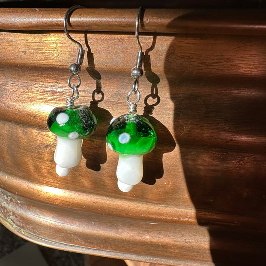 Green Glass Mushroom Earrings