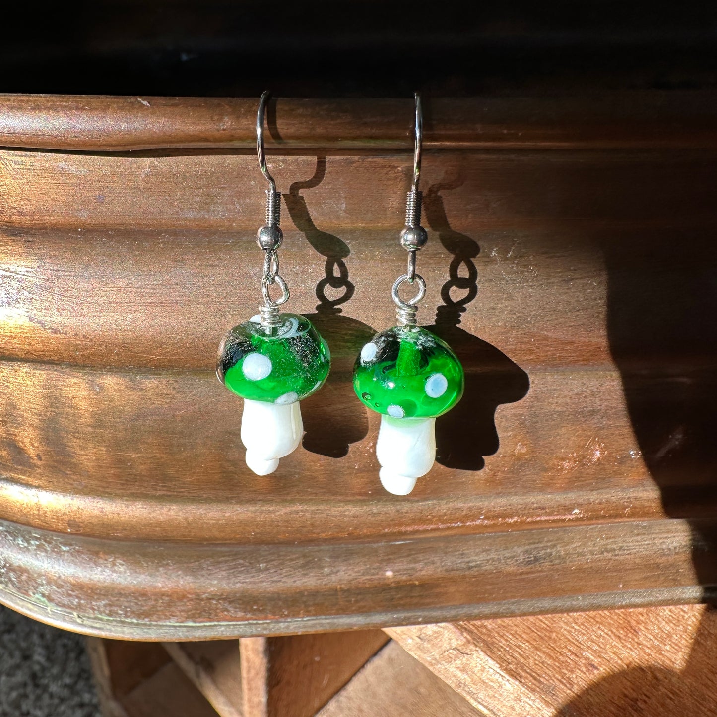 Green Glass Mushroom Earrings