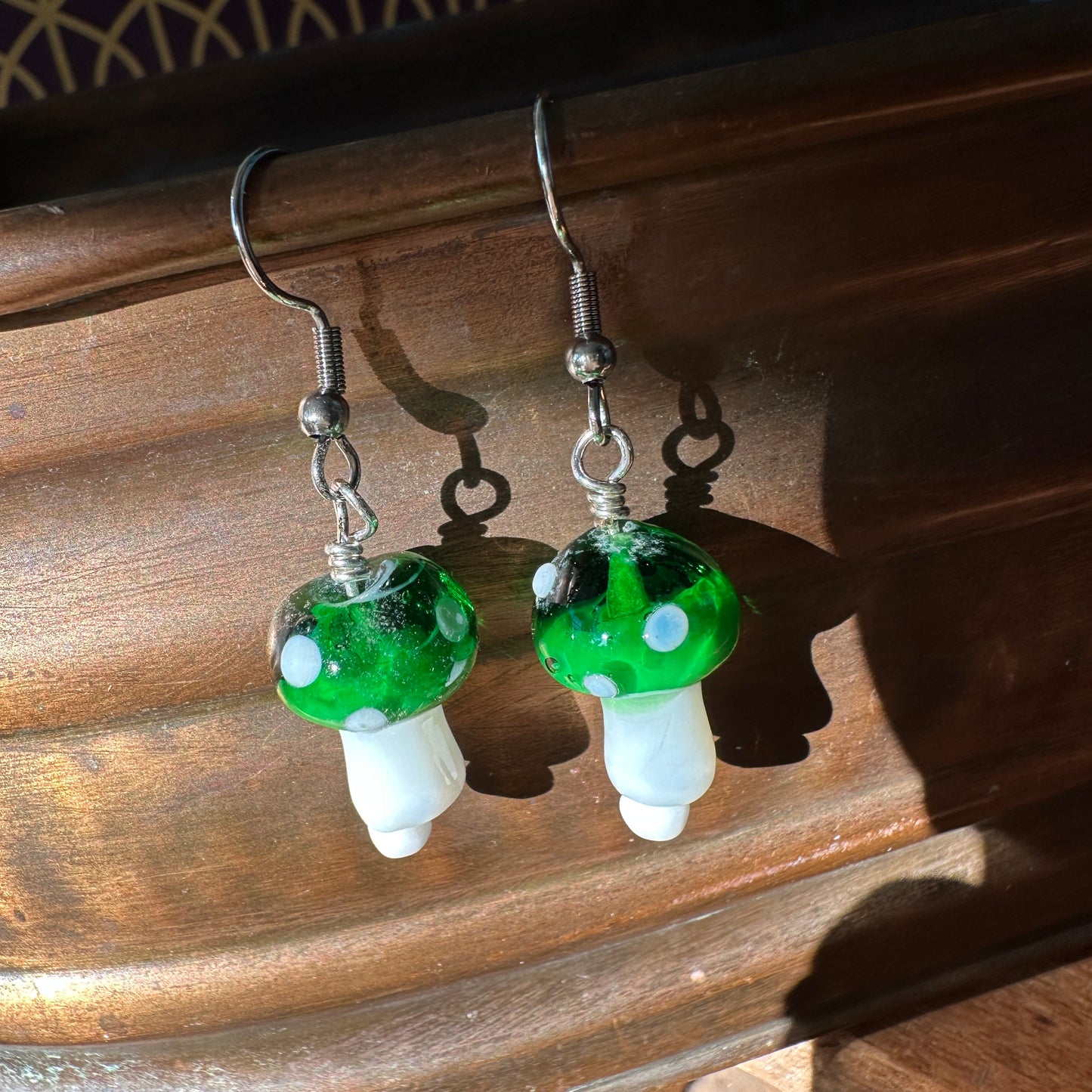 Green Glass Mushroom Earrings