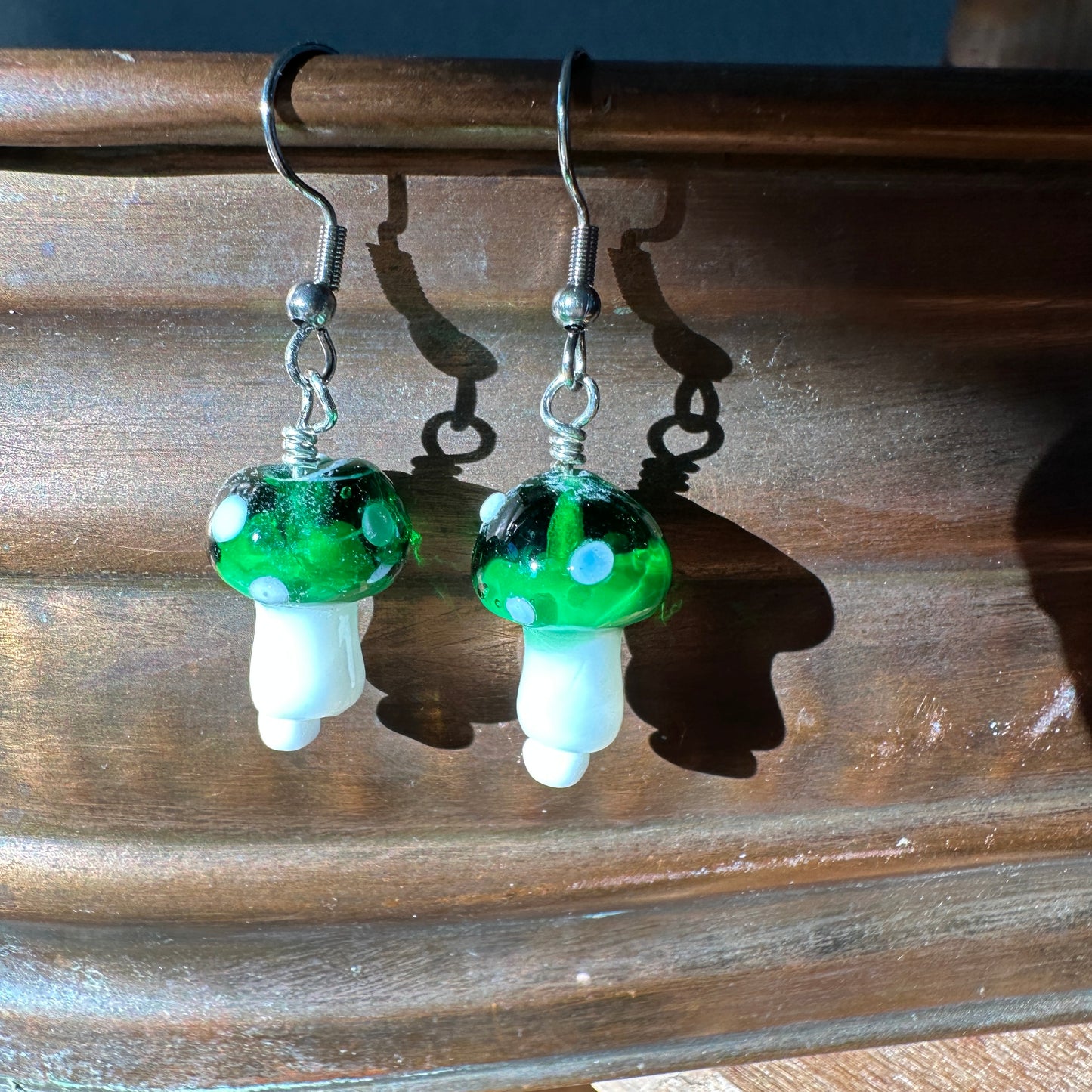 Green Glass Mushroom Earrings