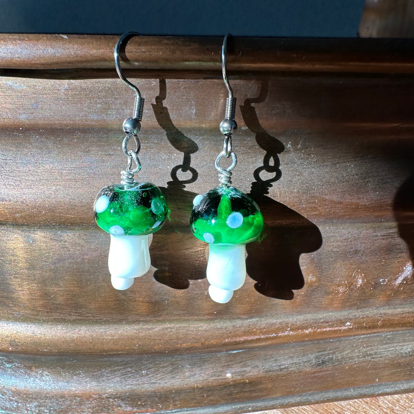 Green Glass Mushroom Earrings