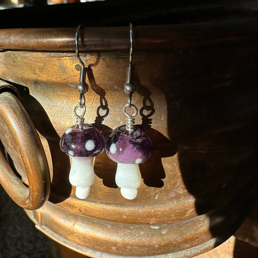 Purple Glass Mushroom Earrings