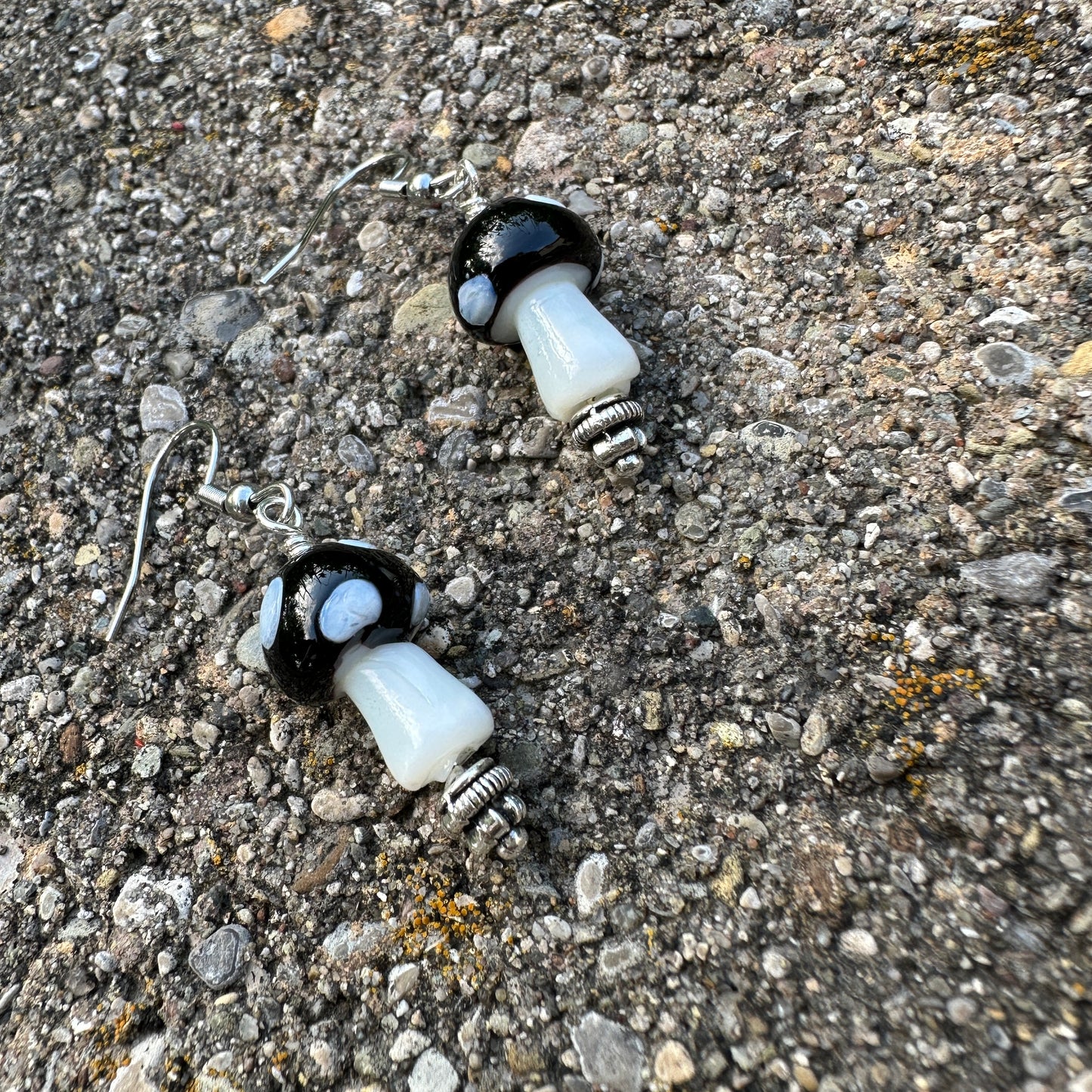 Black and White Glass Mushroom Dangle Earrings