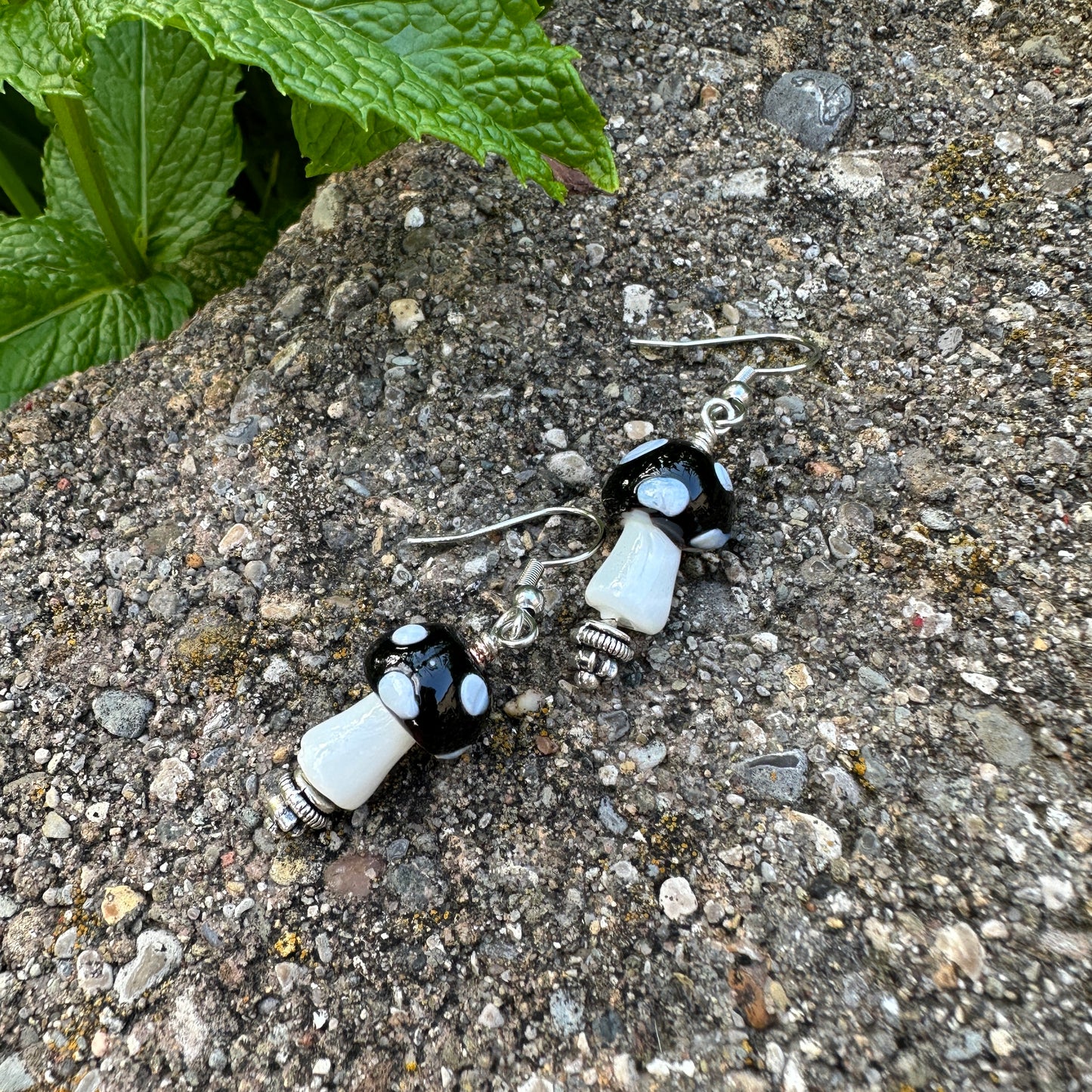 Black and White Glass Mushroom Dangle Earrings