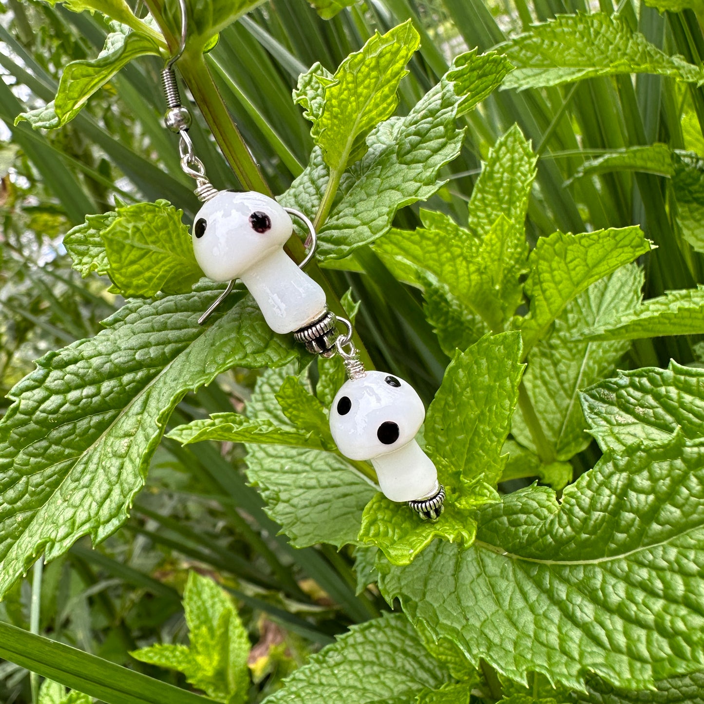 White and Black Glass Mushroom Charm Earrings