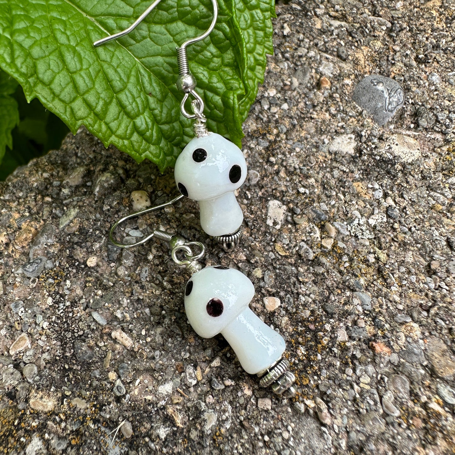 White and Black Glass Mushroom Charm Earrings