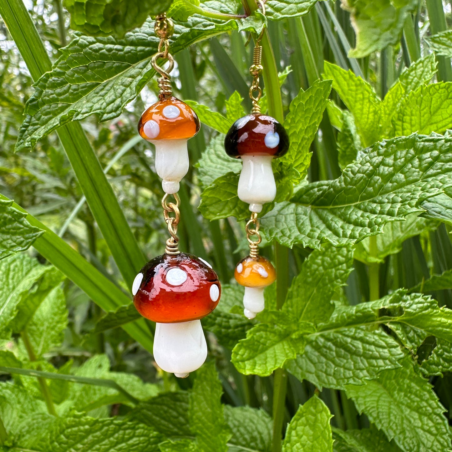 Double Brown Glass Mushroom Earrings