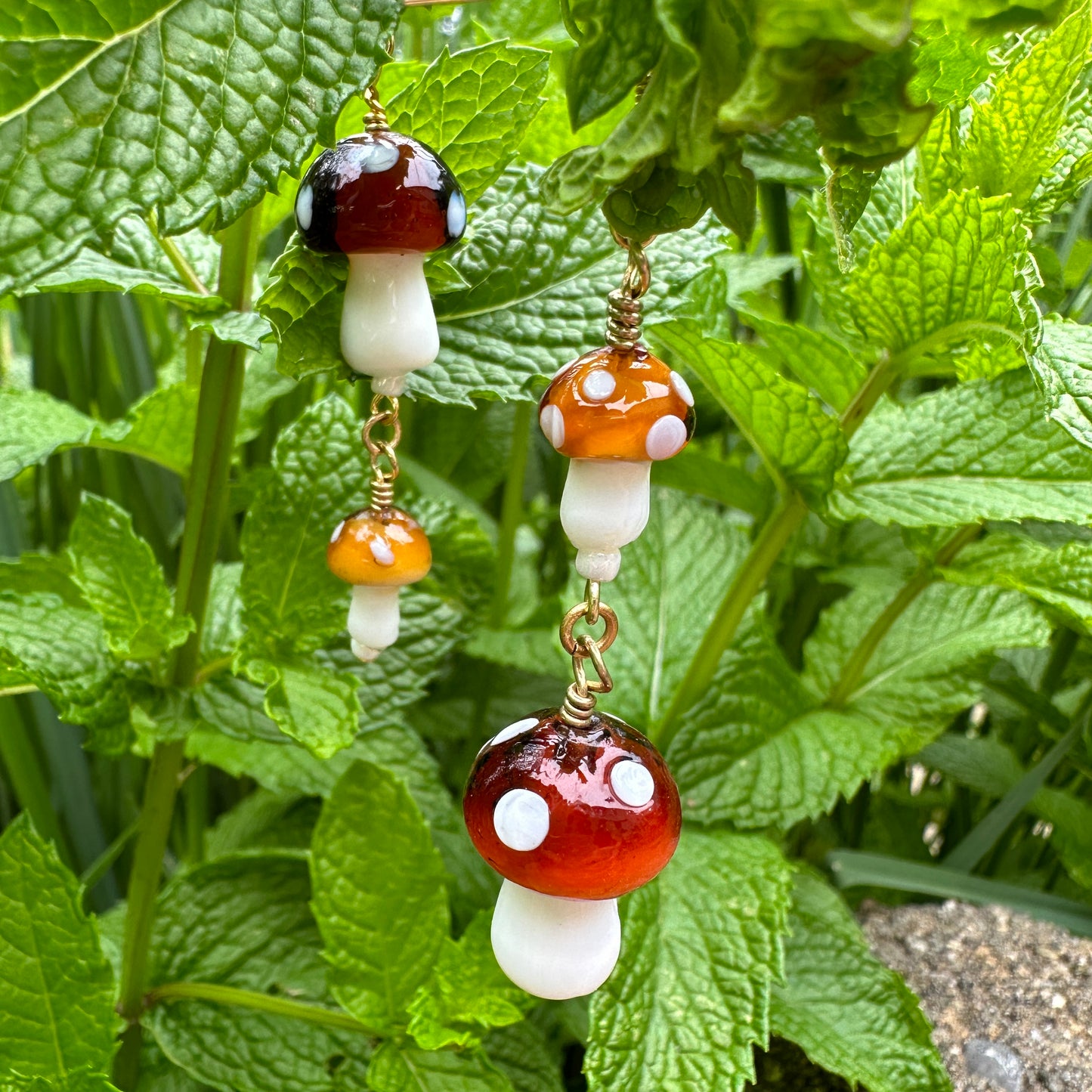 Double Brown Glass Mushroom Earrings