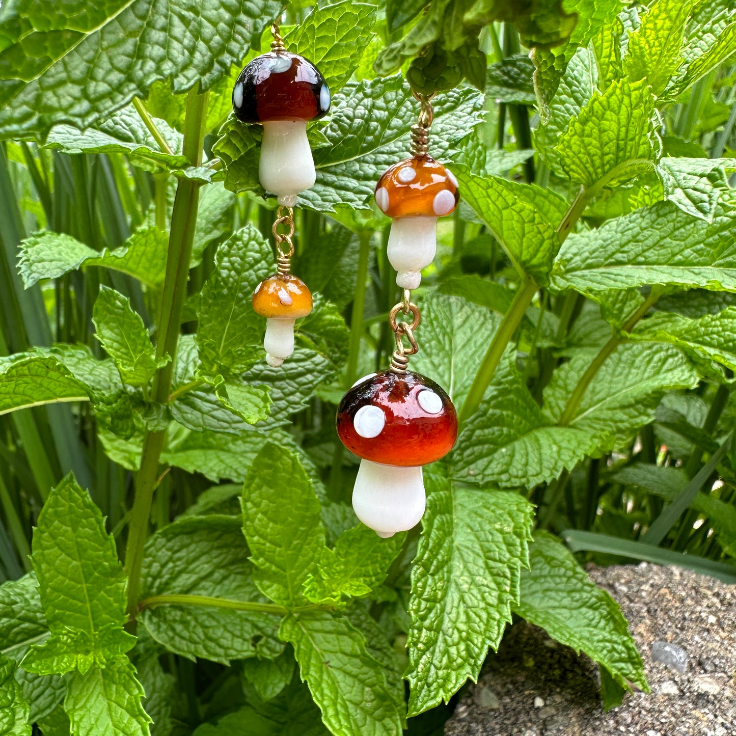 Double Brown Glass Mushroom Earrings