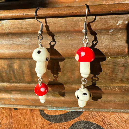 Red and White Double Mushroom Earrings