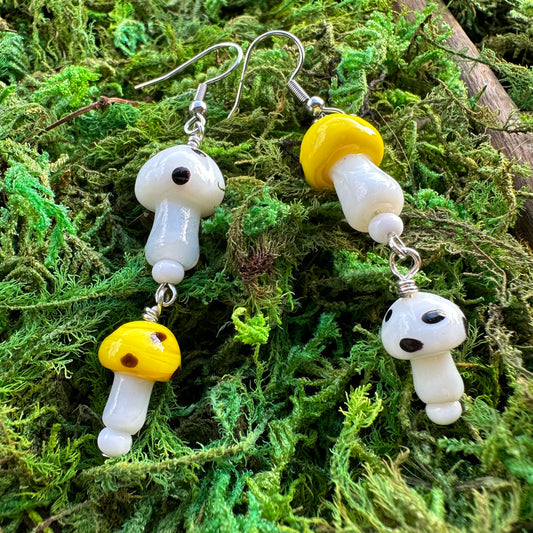 Yellow and White Mushroom Charm Earrings