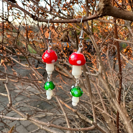 Red Green Glass Mushroom Charm Earrings