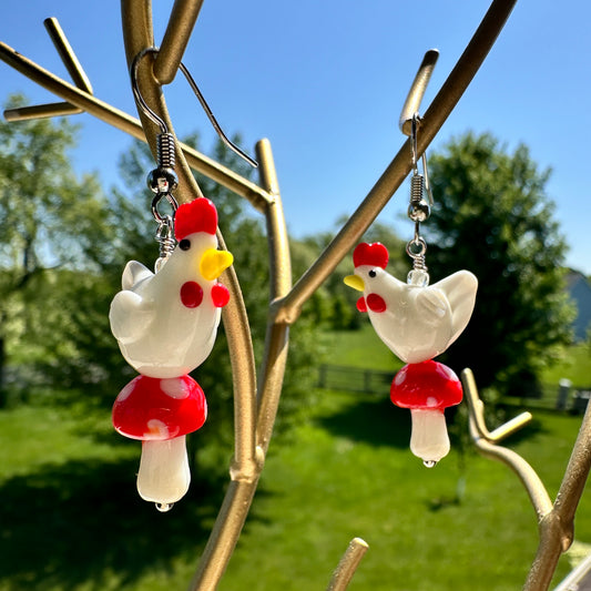 Mushroom-Roosting Chicken Earrings